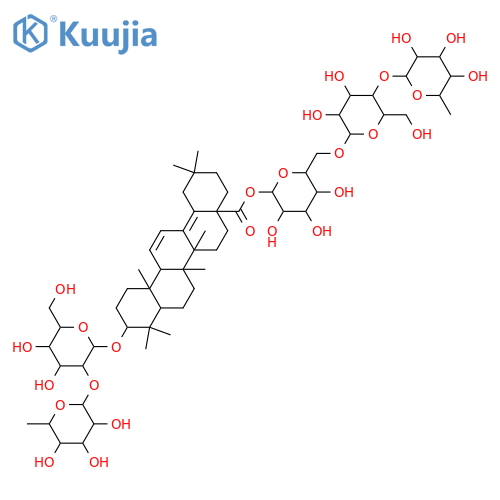 3-Hydroxy-11,13(18)-oleanadien-28-oic acid; 3β-form, 3-O-[α-L-Rhamnopyranosyl-(1→2)-β-D-glucopyranoside], 28-O-[α-L-rhamnopyranosyl-(1→4)-β-D-glucopyranosyl-(1→6)-β-D-glucopyranosyl] ester structure