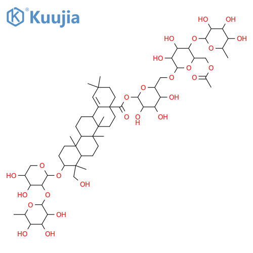 3,23-Dihydroxy-18-oleanen-28-oic acid; 3β-form, 3-O-[α-L-Rhamnopyranosyl-(1→2)-α-L-arabinopyranoside], 28-O-[α-L-rhamnopyranosyl-(1→4)-6-O-acetyl-β-D-glucopyranosyl-(1→6)-β-D-glucopyranosyl] ester structure
