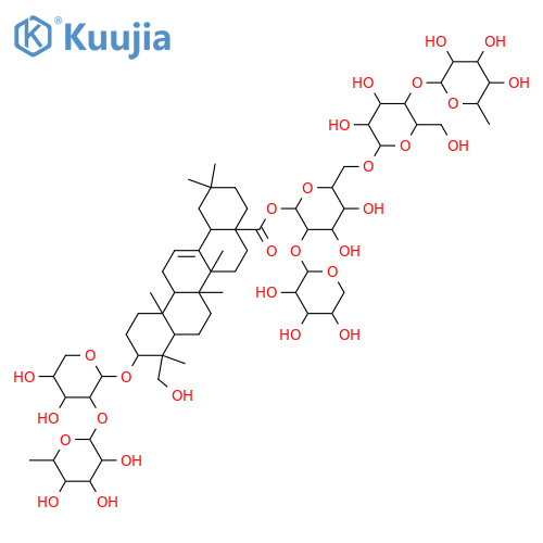Hederagenin bisdesmosides; Hexaglycosides, 3-O-[α-L-Rhamnopyranosyl-(1→2)-α-L-arabinopyranoside], 28-O-[α-L-rhamnopyranosyl-(1→4)-β-D-glucopyranosyl-(1→6)-[β-D-xylopyranosyl-(1→2)]-β-D-glucopyranosyl] ester structure