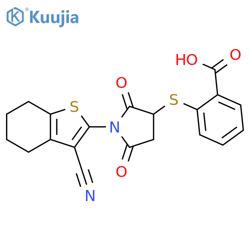 2-{1-(3-cyano-4,5,6,7-tetrahydro-1-benzothiophen-2-yl)-2,5-dioxopyrrolidin-3-ylsulfanyl}benzoic acid structure