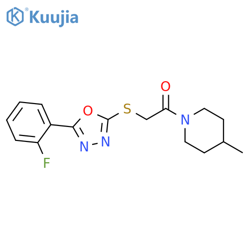 2-{5-(2-fluorophenyl)-1,3,4-oxadiazol-2-ylsulfanyl}-1-(4-methylpiperidin-1-yl)ethan-1-one structure