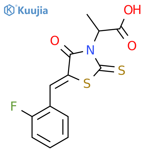 2-(5Z)-5-(2-fluorophenyl)methylidene-4-oxo-2-sulfanylidene-1,3-thiazolidin-3-ylpropanoic acid structure