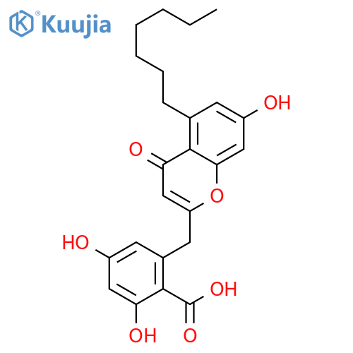2-(5-heptyl-7-hydroxy-4-oxo-4H-chromen-2-ylmethyl)-4,6-dihydroxy-benzoic acid structure