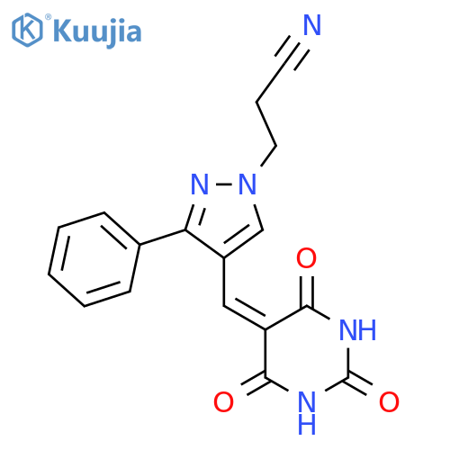 3-{3-phenyl-4-[(2,4,6-trioxo-1,3-diazinan-5-ylidene)methyl]-1H-pyrazol-1-yl}propanenitrile structure
