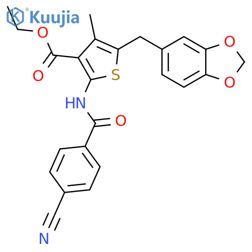 ethyl 5-(2H-1,3-benzodioxol-5-yl)methyl-2-(4-cyanobenzamido)-4-methylthiophene-3-carboxylate structure