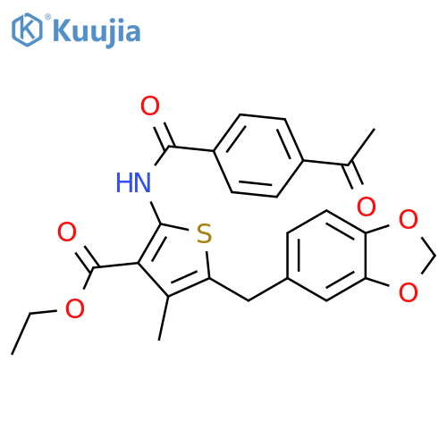 ethyl 2-(4-acetylbenzamido)-5-(2H-1,3-benzodioxol-5-yl)methyl-4-methylthiophene-3-carboxylate structure