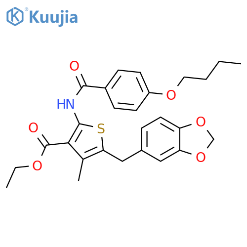 ethyl 5-(2H-1,3-benzodioxol-5-yl)methyl-2-(4-butoxybenzamido)-4-methylthiophene-3-carboxylate structure