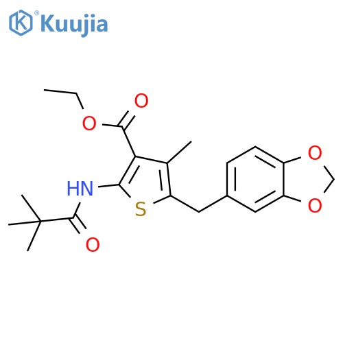ethyl 5-(2H-1,3-benzodioxol-5-yl)methyl-2-(2,2-dimethylpropanamido)-4-methylthiophene-3-carboxylate structure