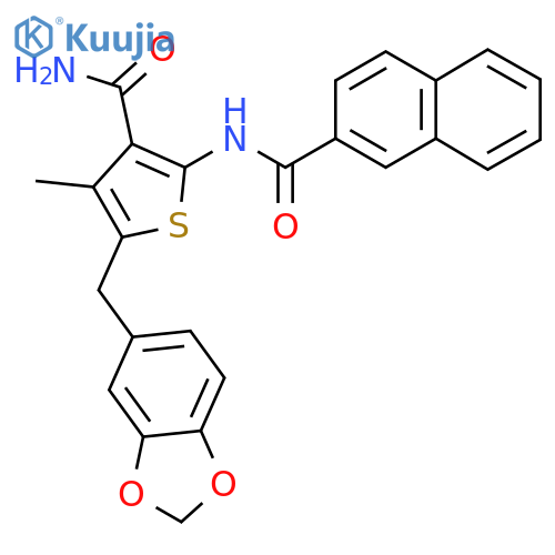 5-(2H-1,3-benzodioxol-5-yl)methyl-4-methyl-2-(naphthalene-2-amido)thiophene-3-carboxamide structure
