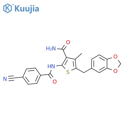 5-(2H-1,3-benzodioxol-5-yl)methyl-2-(4-cyanobenzamido)-4-methylthiophene-3-carboxamide structure
