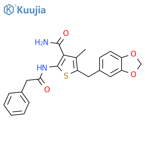 5-(2H-1,3-benzodioxol-5-yl)methyl-4-methyl-2-(2-phenylacetamido)thiophene-3-carboxamide structure