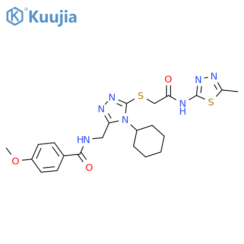 N-{4-cyclohexyl-5-({(5-methyl-1,3,4-thiadiazol-2-yl)carbamoylmethyl}sulfanyl)-4H-1,2,4-triazol-3-ylmethyl}-4-methoxybenzamide structure