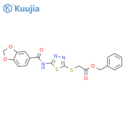 benzyl 2-{5-(2H-1,3-benzodioxole-5-amido)-1,3,4-thiadiazol-2-ylsulfanyl}acetate structure