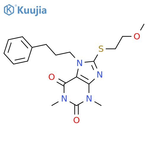<br>8-((2-Methoxyethyl)thio)-1,3-dimethyl-7-(3-phenylpropyl)-1H-purine-2,6(3H,7 H)-dione structure
