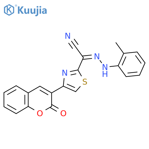 (Z)-N-(2-methylphenyl)-4-(2-oxo-2H-chromen-3-yl)-1,3-thiazole-2-carbohydrazonoyl cyanide structure