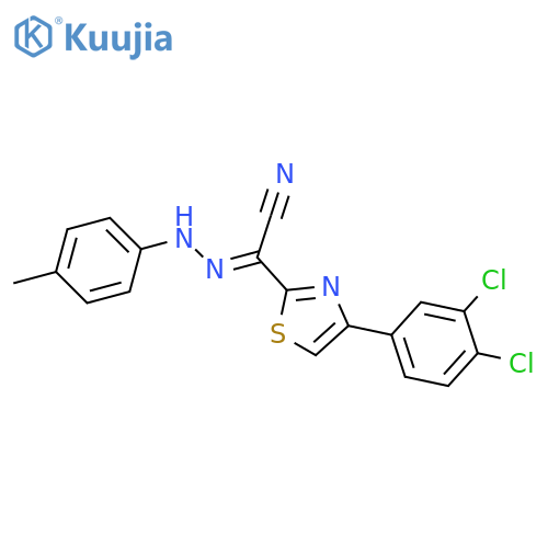 (E)-4-(3,4-dichlorophenyl)-N-(4-methylphenyl)-1,3-thiazole-2-carbohydrazonoyl cyanide structure