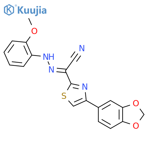 (E)-4-(2H-1,3-benzodioxol-5-yl)-N-(2-methoxyphenyl)-1,3-thiazole-2-carbohydrazonoyl cyanide structure