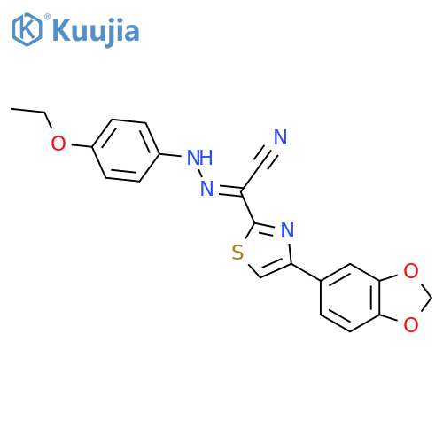 (E)-4-(2H-1,3-benzodioxol-5-yl)-N-(4-ethoxyphenyl)-1,3-thiazole-2-carbohydrazonoyl cyanide structure