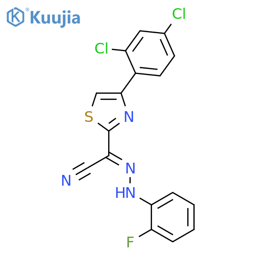 (E)-4-(2,4-dichlorophenyl)-N-(2-fluorophenyl)-1,3-thiazole-2-carbohydrazonoyl cyanide structure