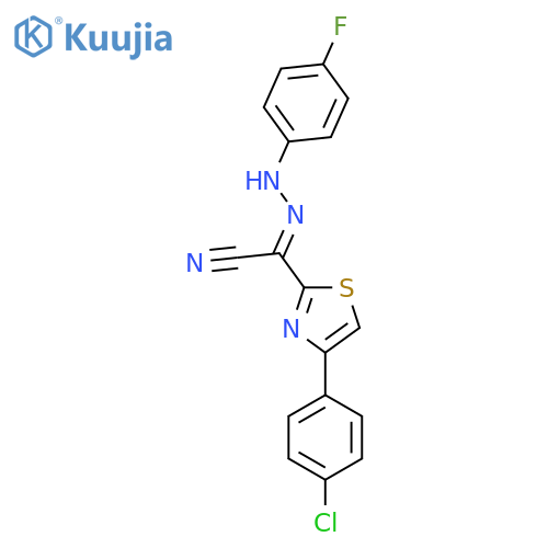 (E)-4-(4-chlorophenyl)-N-(4-fluorophenyl)-1,3-thiazole-2-carbohydrazonoyl cyanide structure