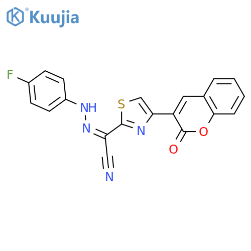 (Z)-N-(4-fluorophenyl)-4-(2-oxo-2H-chromen-3-yl)-1,3-thiazole-2-carbohydrazonoyl cyanide structure