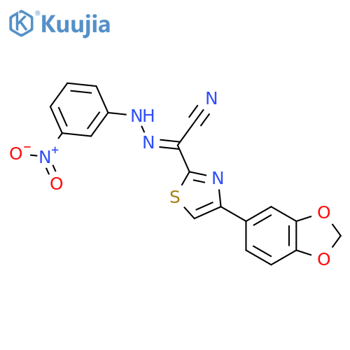 (E)-4-(2H-1,3-benzodioxol-5-yl)-N-(3-nitrophenyl)-1,3-thiazole-2-carbohydrazonoyl cyanide structure