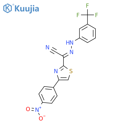 (E)-4-(4-nitrophenyl)-N-3-(trifluoromethyl)phenyl-1,3-thiazole-2-carbohydrazonoyl cyanide structure