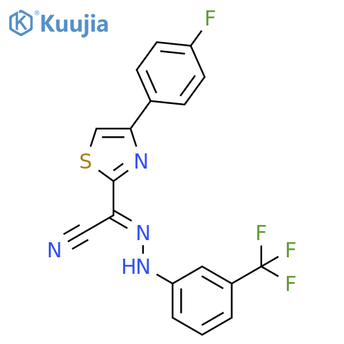 (E)-4-(4-fluorophenyl)-N-3-(trifluoromethyl)phenyl-1,3-thiazole-2-carbohydrazonoyl cyanide structure