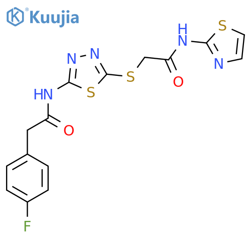 2-({5-2-(4-fluorophenyl)acetamido-1,3,4-thiadiazol-2-yl}sulfanyl)-N-(1,3-thiazol-2-yl)acetamide structure