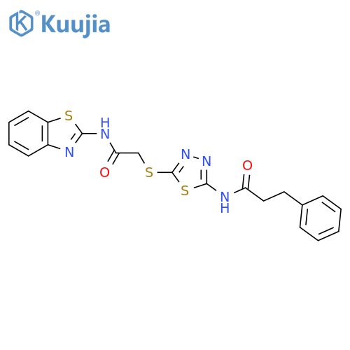 N-5-({(1,3-benzothiazol-2-yl)carbamoylmethyl}sulfanyl)-1,3,4-thiadiazol-2-yl-3-phenylpropanamide structure