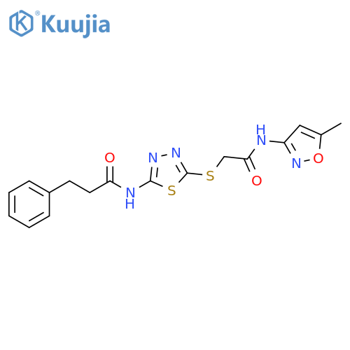 N-5-({(5-methyl-1,2-oxazol-3-yl)carbamoylmethyl}sulfanyl)-1,3,4-thiadiazol-2-yl-3-phenylpropanamide structure
