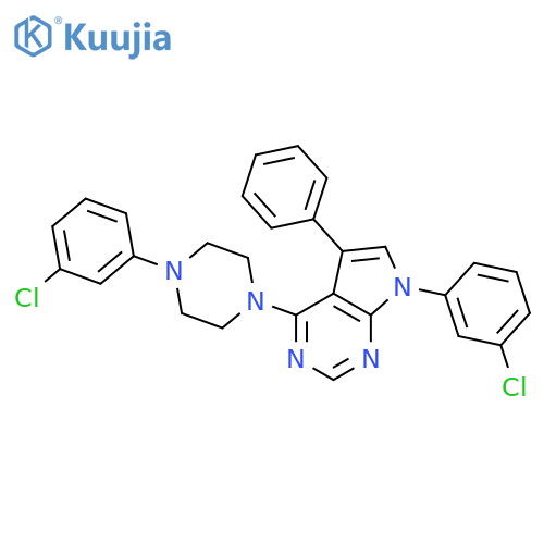1-(3-chlorophenyl)-4-7-(3-chlorophenyl)-5-phenyl-7H-pyrrolo2,3-dpyrimidin-4-ylpiperazine structure