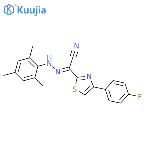 (E)-4-(4-fluorophenyl)-N-(2,4,6-trimethylphenyl)-1,3-thiazole-2-carbohydrazonoyl cyanide structure