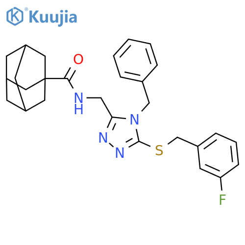 N-(4-benzyl-5-{(3-fluorophenyl)methylsulfanyl}-4H-1,2,4-triazol-3-yl)methyladamantane-1-carboxamide structure