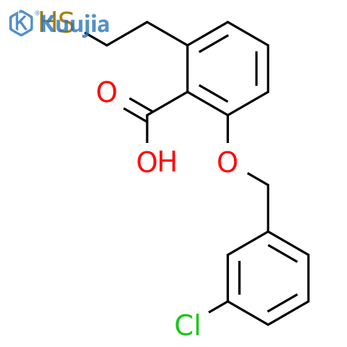 Benzoic acid, 2-[(3-chlorophenyl)methoxy]-6-(2-mercaptoethyl)- structure