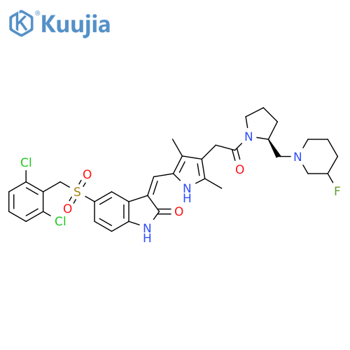 2H-Indol-2-one, 5-[[(2,6-dichlorophenyl)methyl]sulfonyl]-3-[[4-[2-[(2S)-2-[(3-fluoro-1-piperidinyl)methyl]-1-pyrrolidinyl]-2-oxoethyl]-3,5-dimethyl-1H-pyrrol-2-yl]methylene]-1,3-dihydro-, (3Z)- structure