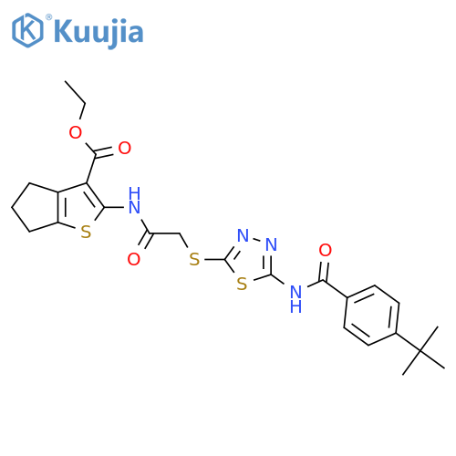 ethyl 2-(2-{5-(4-tert-butylbenzamido)-1,3,4-thiadiazol-2-ylsulfanyl}acetamido)-4H,5H,6H-cyclopentabthiophene-3-carboxylate structure