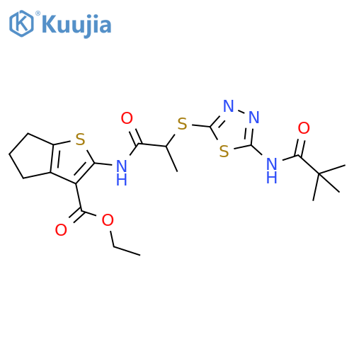ethyl 2-(2-{5-(2,2-dimethylpropanamido)-1,3,4-thiadiazol-2-ylsulfanyl}propanamido)-4H,5H,6H-cyclopentabthiophene-3-carboxylate structure