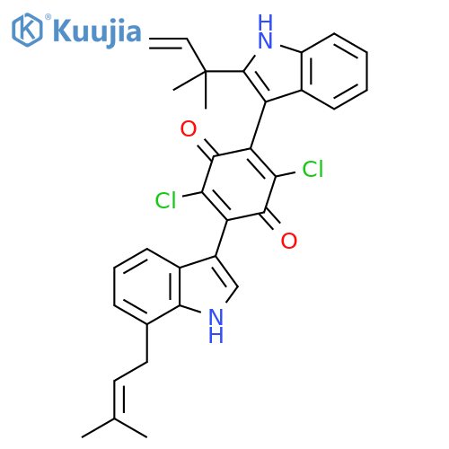 2,5-Cyclohexadiene-1,4-dione, 2,5-dichloro-3-[2-(1,1-dimethyl-2-propen-1-yl)-1H-indol-3-yl]-6-[7-(3-methyl-2-buten-1-yl)-1H-indol-3-yl]- structure