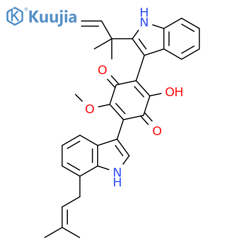 2,5-Cyclohexadiene-1,4-dione, 2-[2-(1,1-dimethyl-2-propen-1-yl)-1H-indol-3-yl]-3-hydroxy-6-methoxy-5-[7-(3-methyl-2-buten-1-yl)-1H-indol-3-yl]- structure