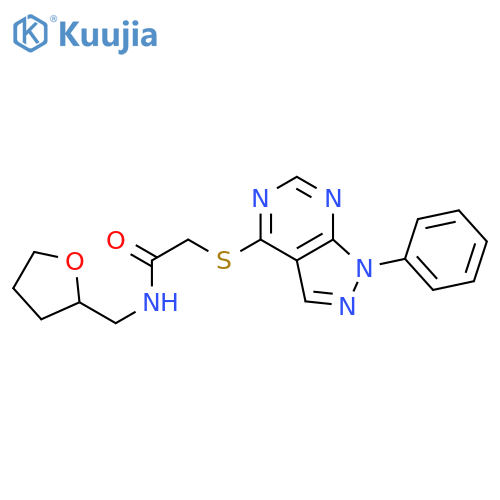N-(oxolan-2-yl)methyl-2-({1-phenyl-1H-pyrazolo3,4-dpyrimidin-4-yl}sulfanyl)acetamide structure