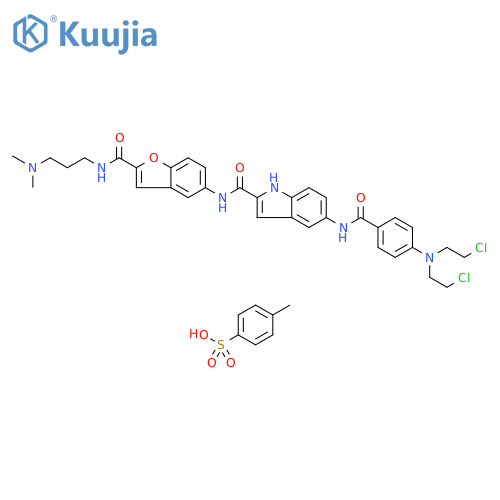 1H-Indole-2-carboxamide, 5-[[4-[bis(2-chloroethyl)amino]benzoyl]amino]-N-[2-[[[3-(dimethylamino)propyl]amino]carbonyl]-5-benzofuranyl]-, 4-methylbenzenesulfonate (1:1) structure