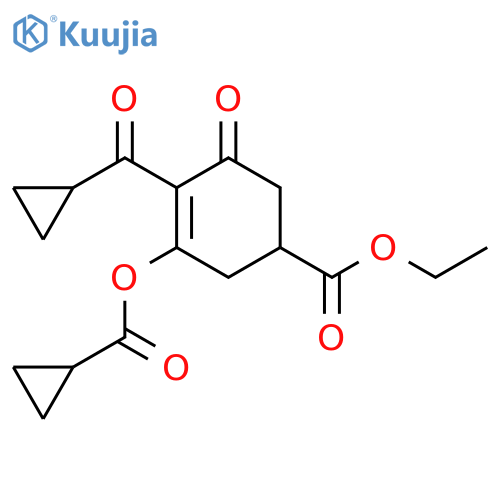 3-Cyclohexene-1-carboxylic acid, 4-(cyclopropylcarbonyl)-3-[(cyclopropylcarbonyl)oxy]-5-oxo-, ethyl ester structure