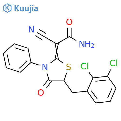 2-cyano-2-(2Z)-5-(2,3-dichlorophenyl)methyl-4-oxo-3-phenyl-1,3-thiazolidin-2-ylideneacetamide structure