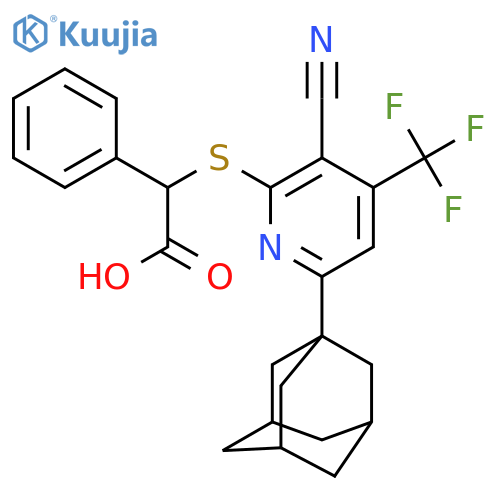2-{[6-(adamantan-1-yl)-3-cyano-4-(trifluoromethyl)pyridin-2-yl]sulfanyl}-2-phenylacetic acid structure