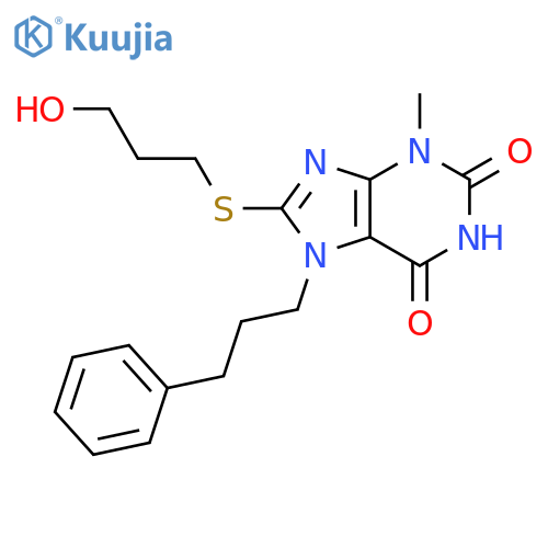 8-(3-hydroxypropyl)sulfanyl-3-methyl-7-(3-phenylpropyl)-2,3,6,7-tetrahydro-1H-purine-2,6-dione structure