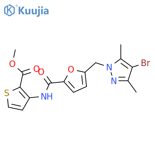 <br>methyl 3-({5-[(4-bromo-3,5-dimethyl-1H-pyrazol-1-yl)methyl]-2-furoyl}amino) -2-thiophenecarboxylate structure