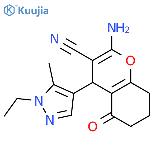 <br>2-amino-4-(1-ethyl-5-methyl-1H-pyrazol-4-yl)-5-oxo-5,6,7,8-tetrahydro-4H-ch romene-3-carbonitrile structure