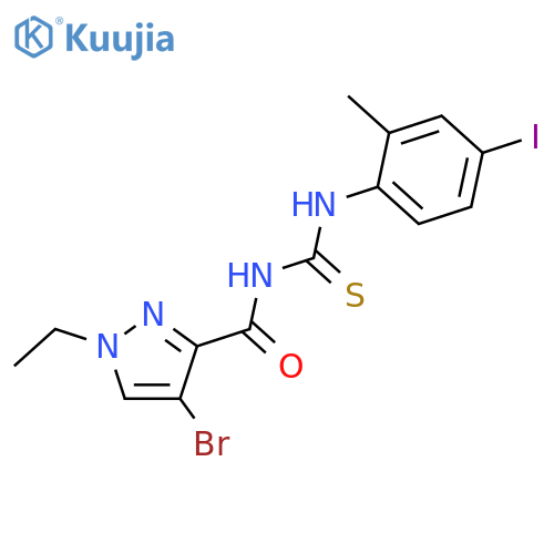<br>4-bromo-1-ethyl-N-[(4-iodo-2-methylphenyl)carbamothioyl]-1H-pyrazole-3-carb oxamide structure