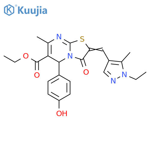 ethyl (2E)-2-(1-ethyl-5-methyl-1H-pyrazol-4-yl)methylidene-5-(4-hydroxyphenyl)-7-methyl-3-oxo-2H,3H,5H-1,3thiazolo3,2-apyrimidine-6-carboxylate structure